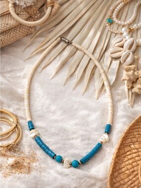 Shell Heishi & Turquoise Beaded Necklace Boho Beach Southwestern Style